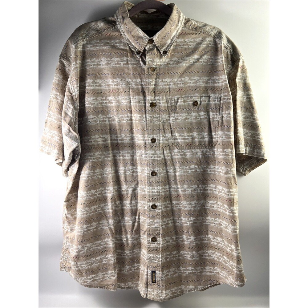 VINTAGE Woolrich Shirt Men XL Beige Button Up Fish All Over Print